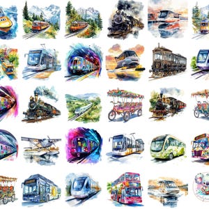 120 枚の水彩画の公共交通機関のクリップアート PNG、透明な乗り物アート、気まぐれな電車、バス、ボート、工芸品、ブランディング、デザイン用