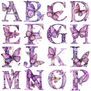 Imágenes prediseñadas de letras de mariposas moradas: 26 imágenes del alfabeto en acuarela con encantadoras mariposas para manualidades, invitaciones y proyectos de decoración.