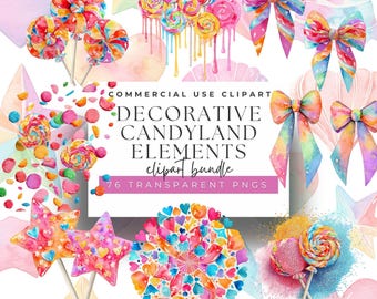 May include: Watercolor clipart bundle featuring decorative Candyland elements. The image includes colorful lollipops, bows, star-shaped lollipops, and heart-shaped designs. The text reads "COMMERCIAL USE CLIPART" and "DECORATIVE CANDYLAND ELEMENTS clipart bundle 76 TRANSPARENT PNGS."
