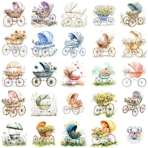 aquarelle landau avec fleurs Clipart PNG, poussettes vintage transparentes avec fleurs pastel pour baby shower et travaux manuels de chambre d'enfant
