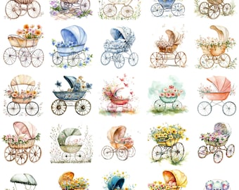 Watercolor Baby Carriage Clipart: Vintage Floral Prams (PNG)