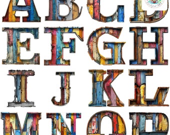 May include: Colorful alphabet letters made of wood planks with various paint colors and textures. Each letter is individually crafted and has a unique design.