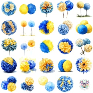 Könnte beinhalten: Eine Sammlung von 25 Aquarell-Illustrationen von blauen und gelben Pompons. Die Pompons sind in verschiedenen Größen und Positionen angeordnet, einige überlappen sich. Die Illustrationen sind auf weißem Hintergrund.