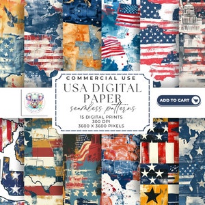 May include: A set of 15 digital paper patterns featuring American flag designs, maps of the United States, and patriotic colours. The patterns are seamless and perfect for crafting projects, scrapbooking, and digital design.