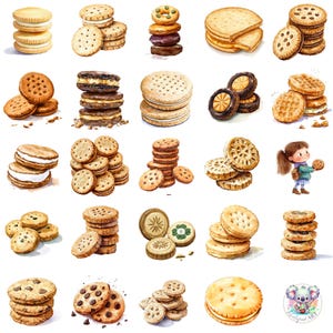May include: A watercolor illustration of various types of cookies, including chocolate chip, shortbread, and sandwich cookies. The cookies are arranged in a grid pattern on a white background. Some cookies are stacked, while others are scattered around the grid.
