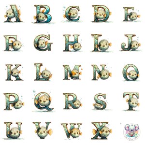 May include: Watercolor alphabet letters A through X, each featuring a whimsical pufferfish. The letters are in a teal and bronze color scheme, with bubbles and a cute fish design. The artwork is on a white background.