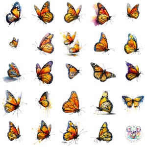 May include: A series of watercolour monarch butterflies, each with orange, black, and white wing patterns, some with purple hues. The butterflies are depicted in different positions against a white backdrop, with some featuring watercolour splashes.