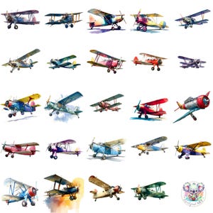 Vintage Airplane Clipart PNG, 48 Watercolor Retro Planes, Transparent Aviation Art for Travel, Nursery, Scrapbooking and Craft Design