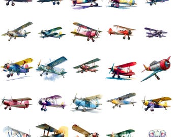 Aquarel vintage vliegtuig clipart, retro luchtvaart kunst (PNG)