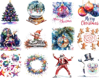 May include: A collection of 10 watercolor illustrations featuring Christmas themes. The illustrations include a Christmas tree, a snow globe, a reindeer, an elf, a disco ball, gingerbread men, Santa Claus, a snowman, and a wreath.