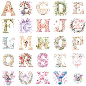 Alfabeto en acuarela para el Día de la Madre (PNG), letras florales de la A a la Z, 4 diseños cada uno, monogramas transparentes para tarjetas, manualidades y decoración