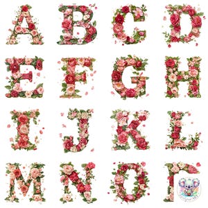 Puede incluir: Una colección de letras del alfabeto floral, cada una diseñada con rosas rojas, rosas y blancas y hojas verdes. Se muestran las letras de la A a la R, con un logotipo de koala en la esquina inferior derecha.