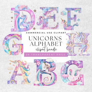 Einhorn Alphabet Clipart: 26 magische Buchstaben - 300 DPI - transparente PNGs - kommerzielle Nutzung und Geburtstagseinladung