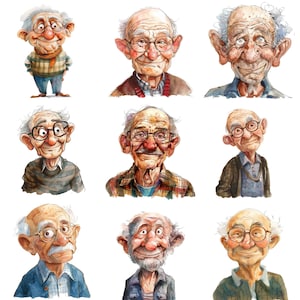 Watercolor Old Man Clipart: Quirky PNG Set (Digital Download)