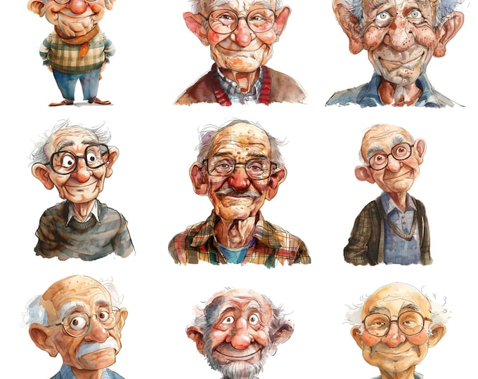 Funny Grandpa Clipart Bundle 15 PNG High Quality Watercolor Cute Quirky ...