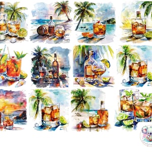 Bebida de ron con acuarela PNG: 28 ilustraciones de cócteles tropicales para manualidades, decoración de verano y proyectos con temática isleña
