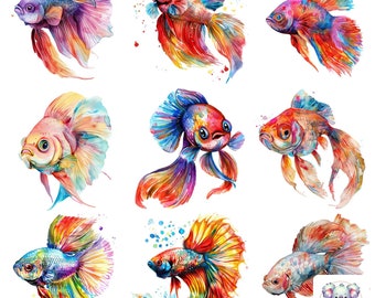 Watercolor Beta Fish Clipart: 20 Vibrant PNG Designs (300 DPI)