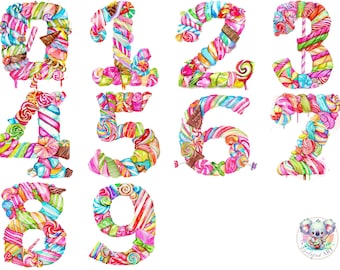 Candyland Zahlen-Clipart (PNG): Transparente Grafiken 0-9 (300 DPI)