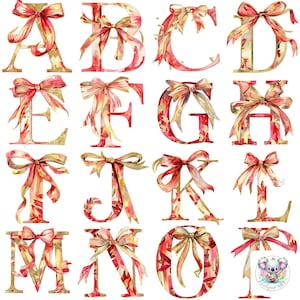 Nastri glamour: clipart complete di lettere dell'alfabeto con fiocco rosso e oro PNG / 26 design unici da 300 DPI per progetti festivi sofisticati