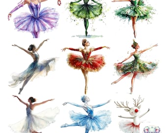 Christmas Ballerina Clipart: Holiday Watercolor PNG Illustrations (300 DPI)