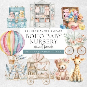 Boho Baby Nursery Clipart Collection - 40 Whimsical Watercolor PNGs - Nursery Animal Clip Art, Baby Shower PNG