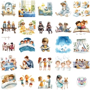 Rotina de aquarela para crianças Clipart PNG, Atividades diárias caprichosas transparentes, Cenas aconchegantes de infância para artesanato, livros de histórias e designs