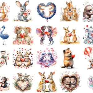 Australische Valentinstag Tiere Clipart PNG, Aquarell Liebe Wildtiere Kunst, Romantische Koalas, Kängurus, Wombats & mehr für Karten und Kunsthandwerk