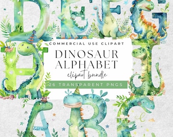 May include: A set of 26 watercolor dinosaur alphabet clipart images. Each letter is illustrated with a cute dinosaur wearing a party hat. The letters are green, blue, and yellow. The text "Dinosaur Alphabet clipart bundle" and "26 Transparent PNGs" is included in the image.