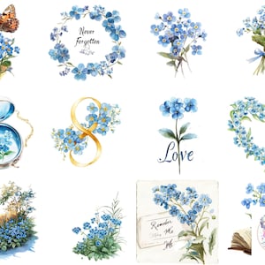 Clipart de aquarela de não-me-esqueças PNG: 41 ilustrações florais elegantes para artesanato, designs memoriais e celebrações do dia dos não-me-esqueças