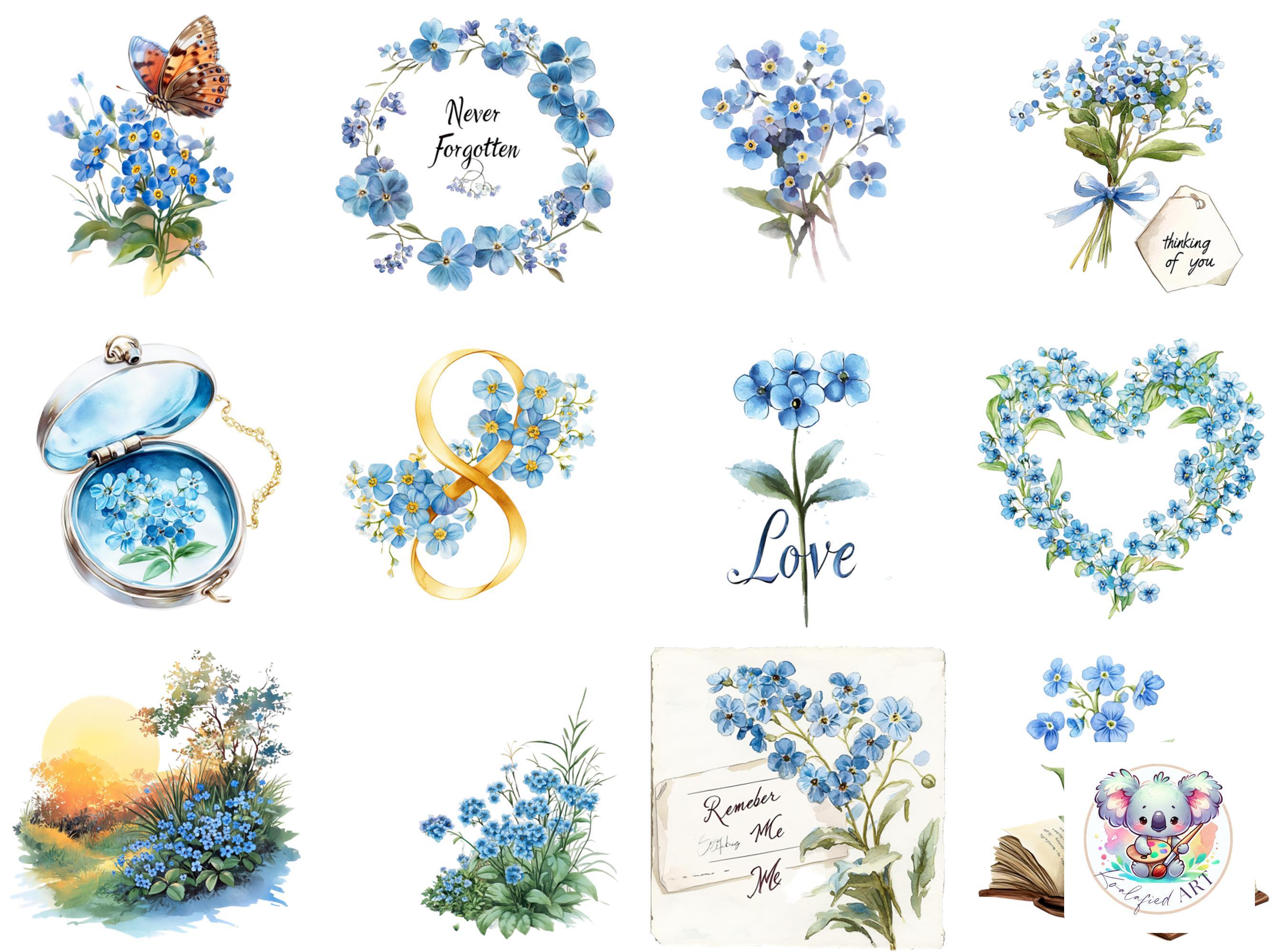 Watercolor Forget-Me-Not Clipart PNG Set — 41 Blue Floral Illustrations for Memorials, Weddings & Crafts