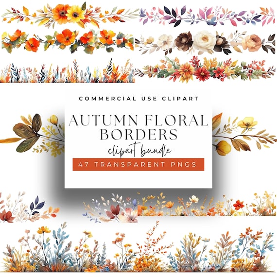 Watercolor Autumn Floral Border Clipart: Rustic Fall PNG (Digital Download)