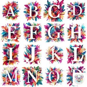 Lebendige Blumenmalerei Alphabet Buchstaben Cliparts PNGs: 26 künstlerische 300 dpi transparente Bilder für Einladungen, Kunsthandwerk und Dekorationsprojekte