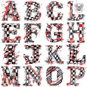 Checkered Flagge Racing Alphabet Clipart PNGs: 26 hochwertige Buchstaben für sportliche Designs, 300 DPI
