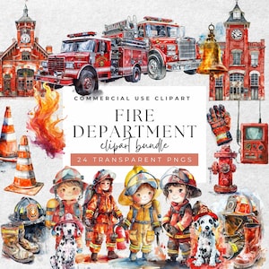 Watercolor Fire Department Clipart - 24 Firetruck & Gear PNGs - Firefighter, Dalmatian Transparent PNGs