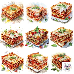 Watercolor Lasagna Clipart Collection - 24 High-Resolution Illustrations of Tasty and Savory Lasagna  Crafting, Decor, and Culinary Projects