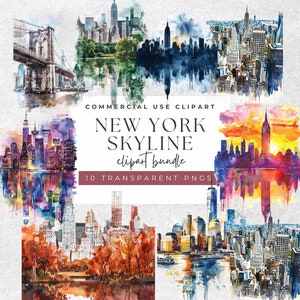 Clipart ad acquerello sullo skyline di New York - Pacchetto 4 stagioni - 10 PNG trasparenti ad acquerello, 300 DPI ad alta risoluzione per uso commerciale