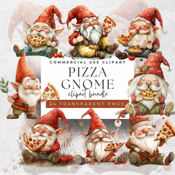 Gourmet Gnomes Series - Watercolor Pizza Clipart - 24 Culinary PNGs for Foodies, 300 DPI