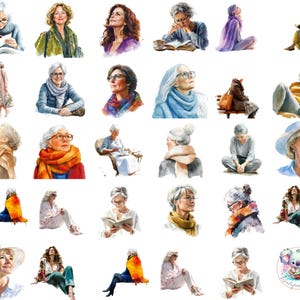 Aquarelle femme d'âge moyen, clipart PNG, transparent pour dames élégantes, lecture, détente et réflexion pour des designs stimulants