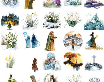 Akwarela Imbolc Clipart PNG, Przezroczysta Sztuka Sezonowa, Fantazyjne Zimowe-Wiosenne Sceny do Rzemiosła, Zaproszenia i Projekty