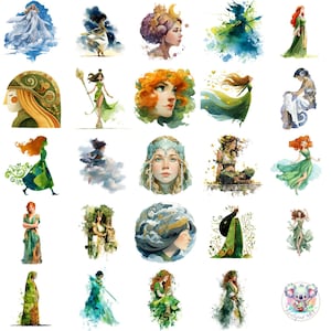 Diosa Celestial en Acuarela (Imagen PNG), 41 Ilustraciones de Diosas Etéreas, Arte de Deidad Cósmica Transparente para Manualidades y Diseño Místico