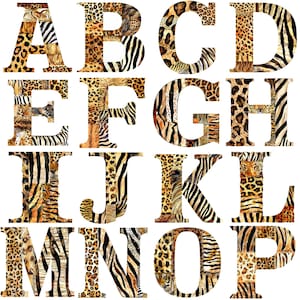 Exótica acuarela animal impresión letra alfabeto clipart PNG conjunto completo de 26 letras de alta resolución 300 DPI perfectas para proyectos de arte e invitación a eventos