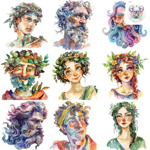 Images PNG originales de dieux et de déesses grecs à l'aquarelle : 25 illustrations mythiques haute résolution de 300 ppp pour l'artisanat et la décoration