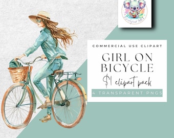 Chic Girl on Bicycle Clipart - 4 PNG Set, Transparent - Instant Download