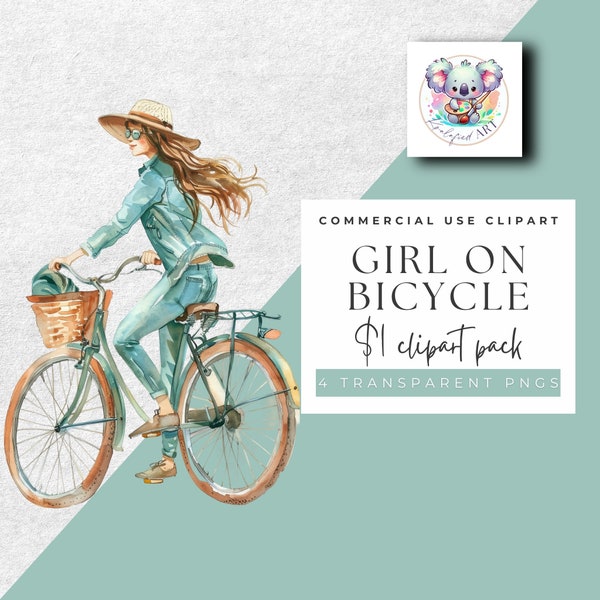 Chic Girl on Bicycle Clipart - 4 PNG Set, Transparent - Instant Download