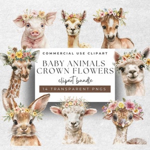 Grillige dieren in het wild - 14 aquarel bloemen kroon dieren clipart - perfect voor babyshower en verjaardagsdecoratie, 300 dpi
