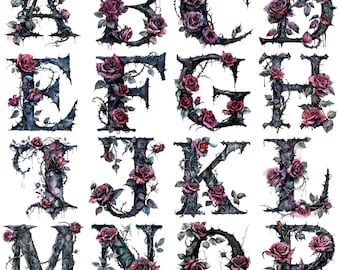 Watercolor Gothic Rose Alphabet Cliparts: 26 PNG Designs (Digital Download)