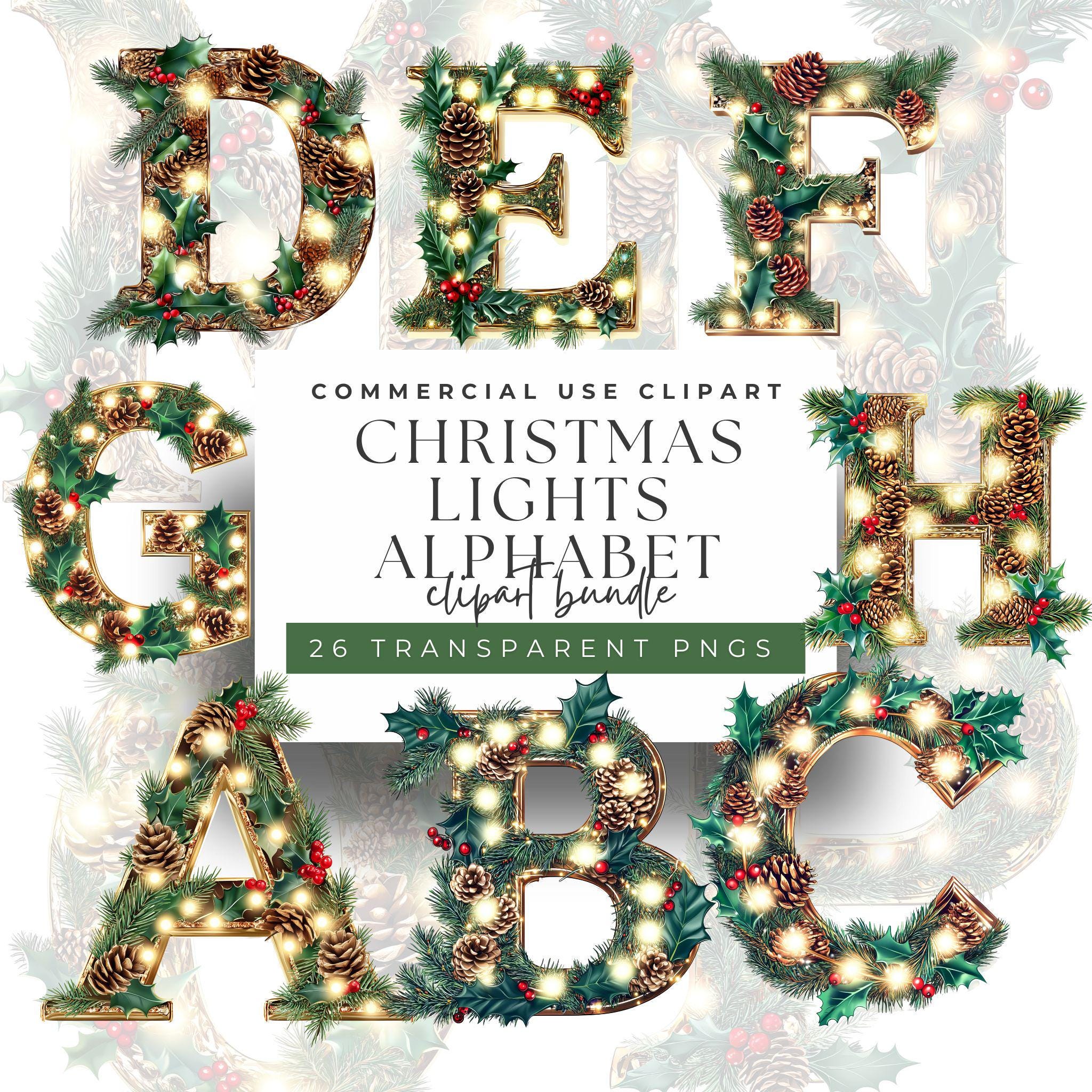christmas lights alphabet clipart: festive holiday letters (png