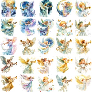 48 Engel mit Trompete Clipart PNG Set - hochauflösende Illustrationen für Weihnachten, religiöses Kunsthandwerk und kreative Projekte