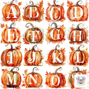 Alfabeto de calabaza otoñal en acuarela, clipart PNG: 26 letras con temática otoñal de alta resolución y 300 DPI para manualidades, invitaciones y decoración