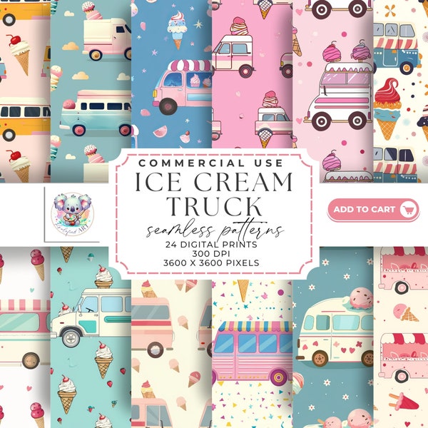 Ice Cream Truck Seamless Patterns - 24 Digital Paper | 300 DPI | 12 X 12 Inches | Commercial Use